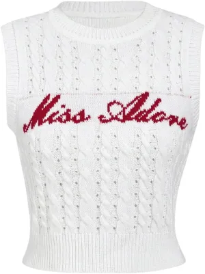Women's Cable Knit Sweater Vest Crewneck Sleeveless Letter Print Graphic Knit Tops