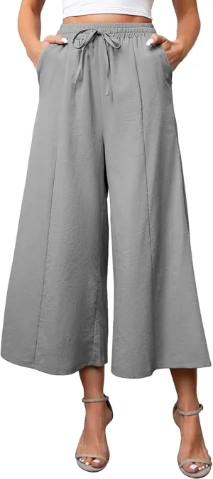Womens Capri Pants High Smock Waisted Wide Leg Palazzo Slacks Solid Color Capris with Pockets