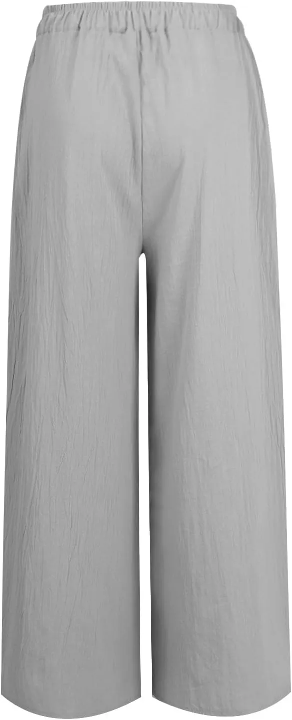 Womens Capri Pants High Smock Waisted Wide Leg Palazzo Slacks Solid Color Capris with Pockets