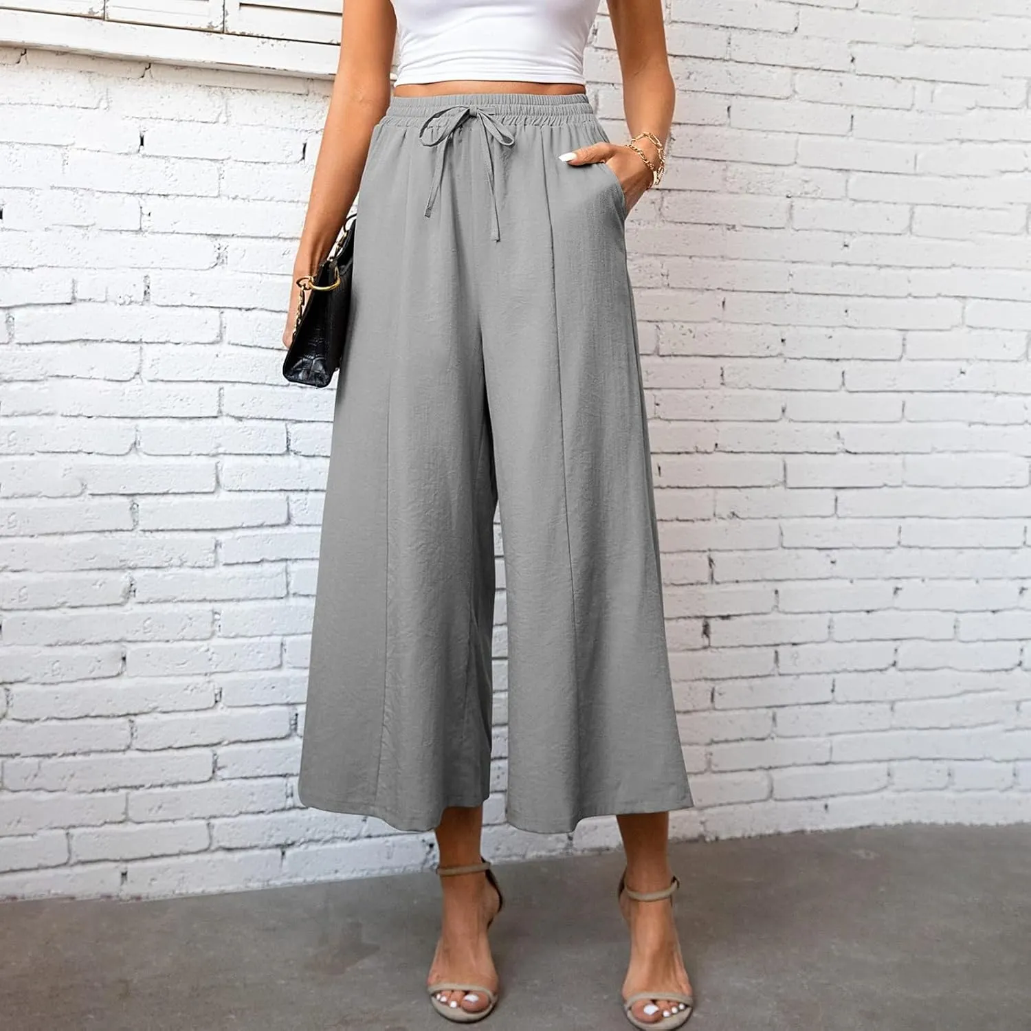 Womens Capri Pants High Smock Waisted Wide Leg Palazzo Slacks Solid Color Capris with Pockets