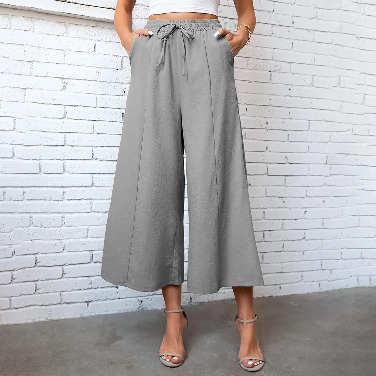 Womens Capri Pants High Smock Waisted Wide Leg Palazzo Slacks Solid Color Capris with Pockets