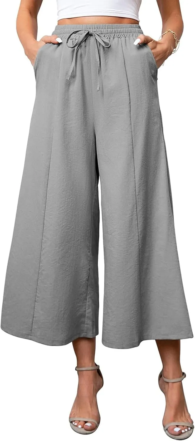 Womens Capri Pants High Smock Waisted Wide Leg Palazzo Slacks Solid Color Capris with Pockets