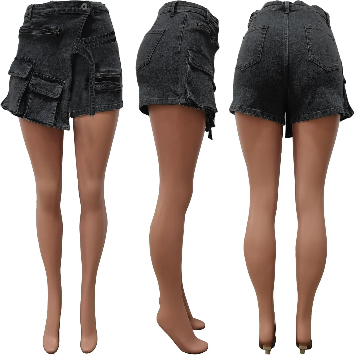 Womens Cargo Jean Shorts Y2K Mini Shorts Zip up High Waisted Stretch Denim Shorts with Pockets
