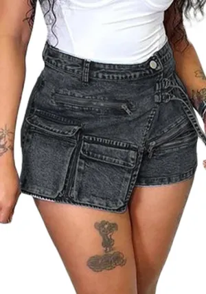 Womens Cargo Jean Shorts Y2K Mini Shorts Zip up High Waisted Stretch Denim Shorts with Pockets