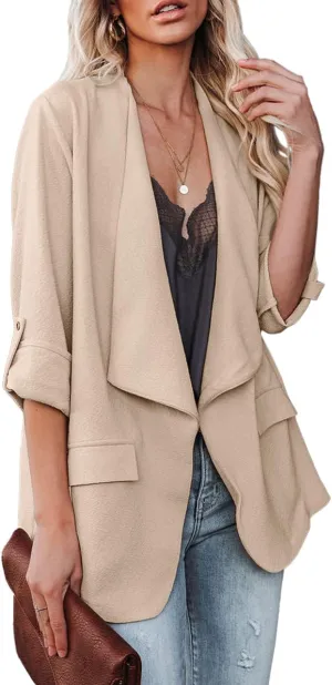 Womens Casual Blazer Jackets Roll Up Long Sleeve Open Front Work Office Business Blazers with Pockets