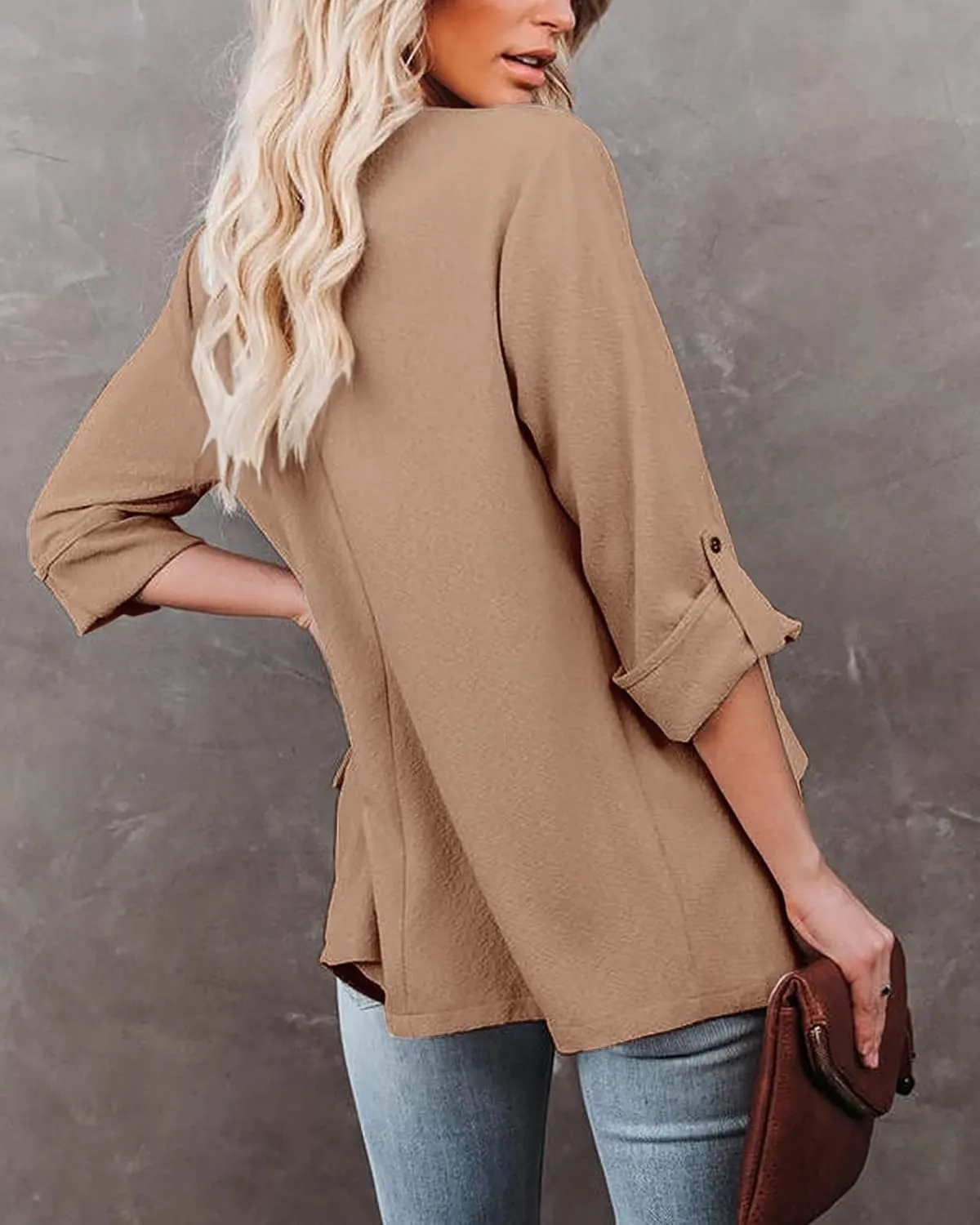 Womens Casual Blazer Jackets Roll Up Long Sleeve Open Front Work Office Business Blazers with Pockets