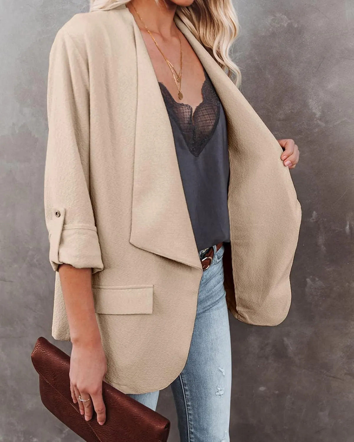 Womens Casual Blazer Jackets Roll Up Long Sleeve Open Front Work Office Business Blazers with Pockets