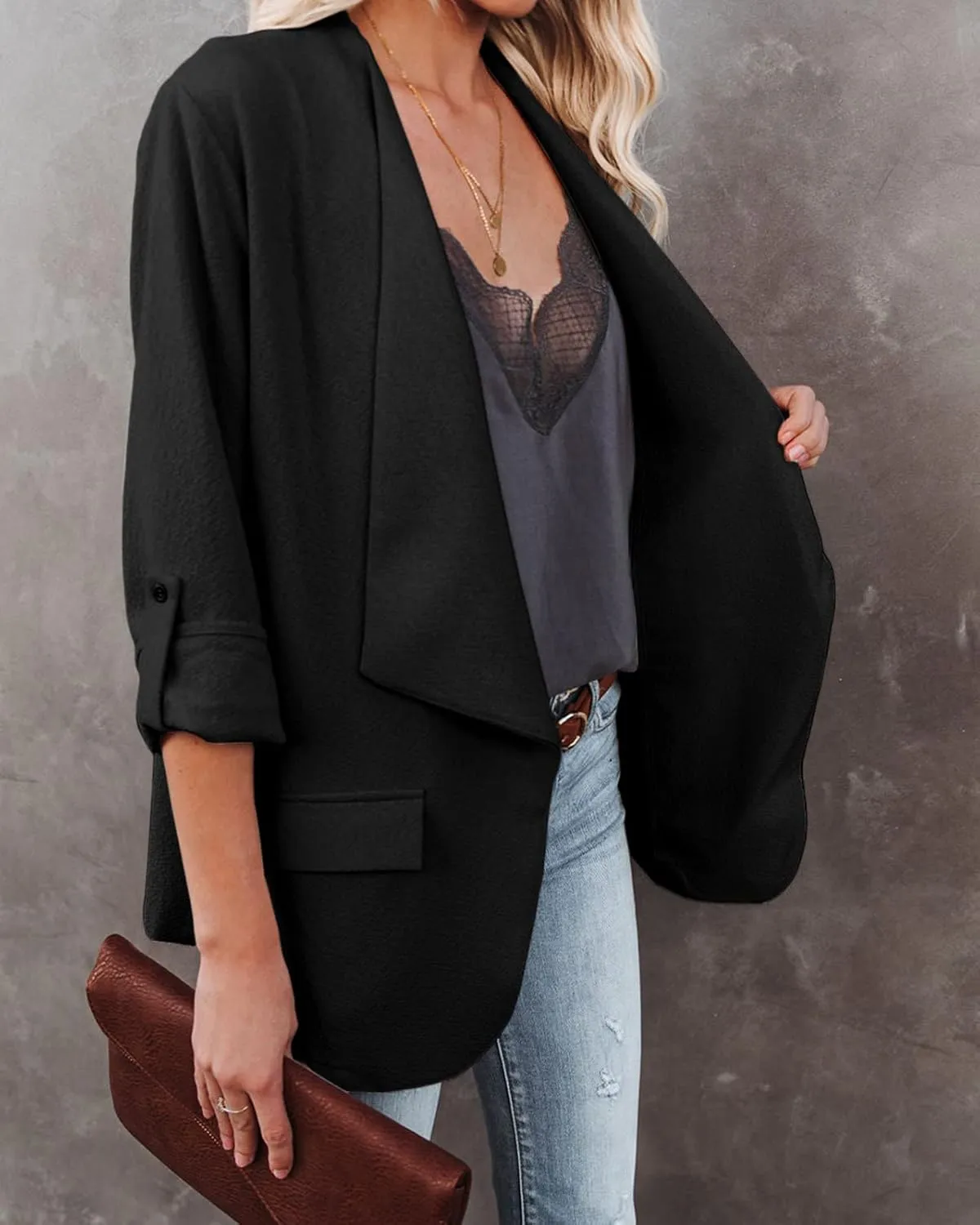 Womens Casual Blazer Jackets Roll Up Long Sleeve Open Front Work Office Business Blazers with Pockets