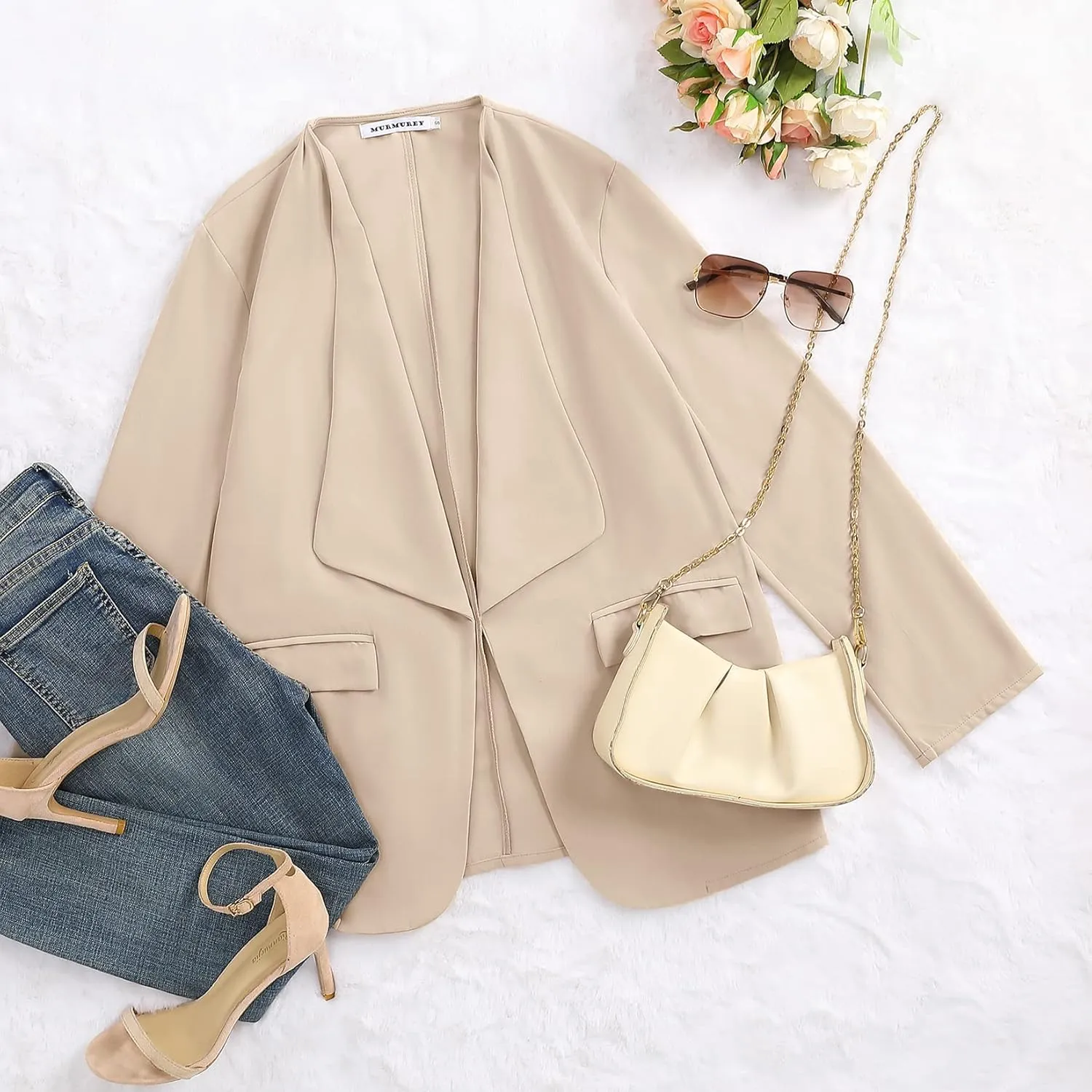 Womens Casual Blazer Jackets Roll Up Long Sleeve Open Front Work Office Business Blazers with Pockets