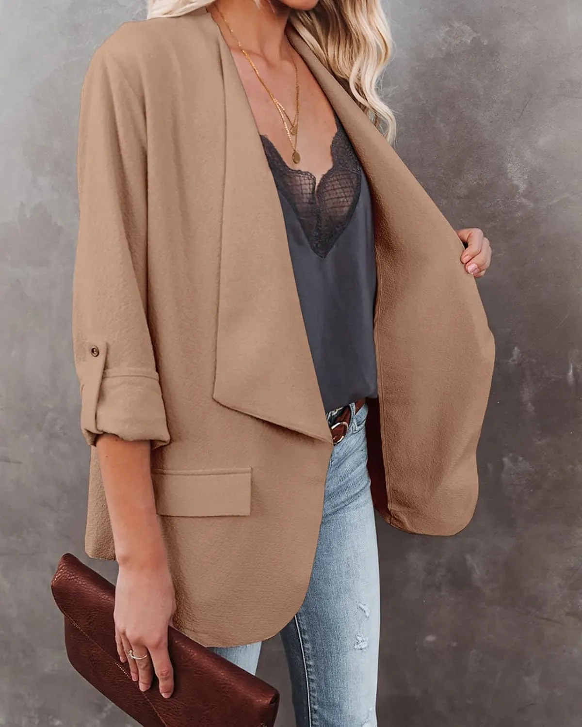 Womens Casual Blazer Jackets Roll Up Long Sleeve Open Front Work Office Business Blazers with Pockets