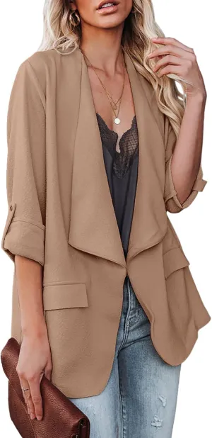 Womens Casual Blazer Jackets Roll Up Long Sleeve Open Front Work Office Business Blazers with Pockets