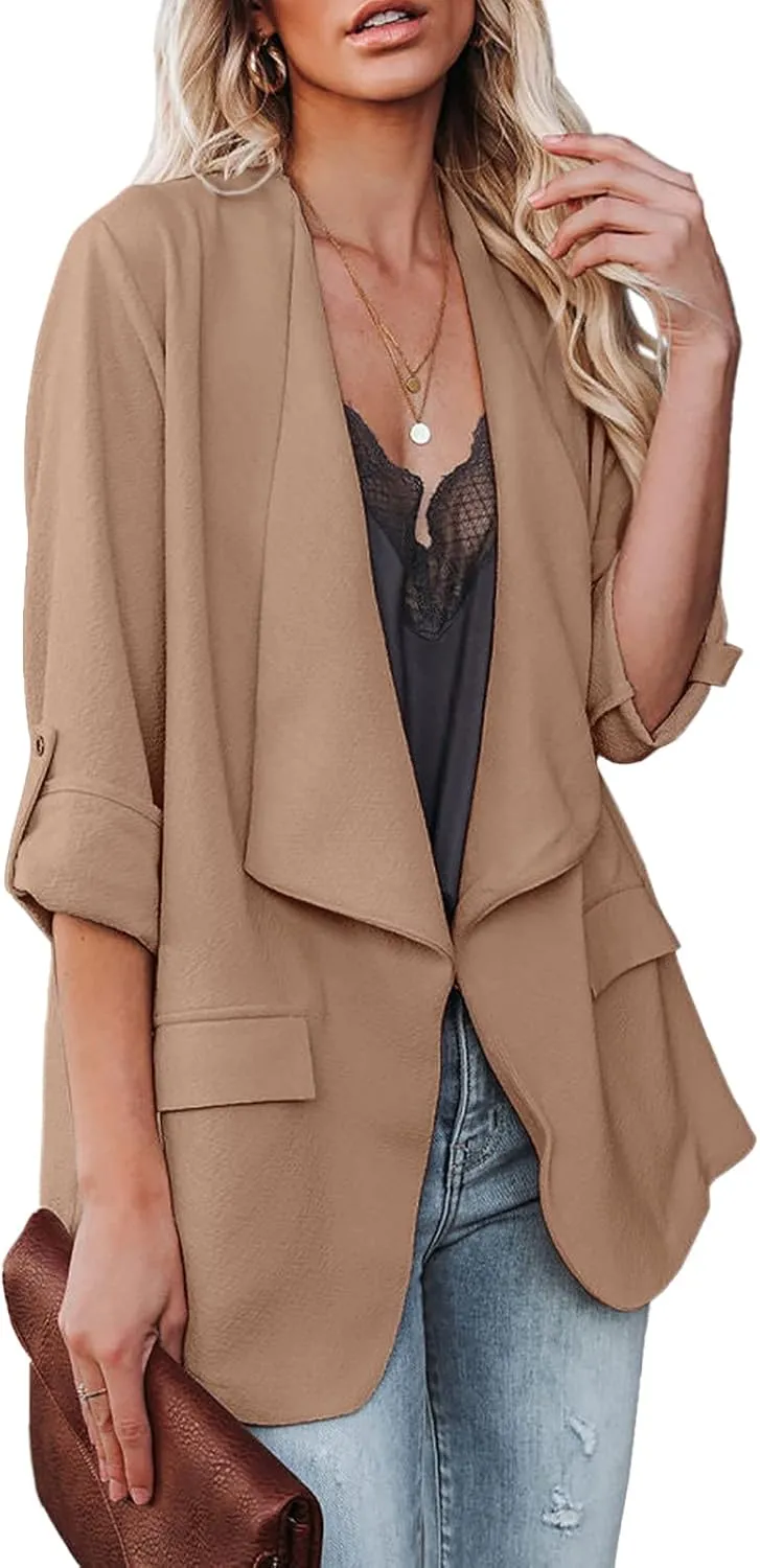 Womens Casual Blazer Jackets Roll Up Long Sleeve Open Front Work Office Business Blazers with Pockets