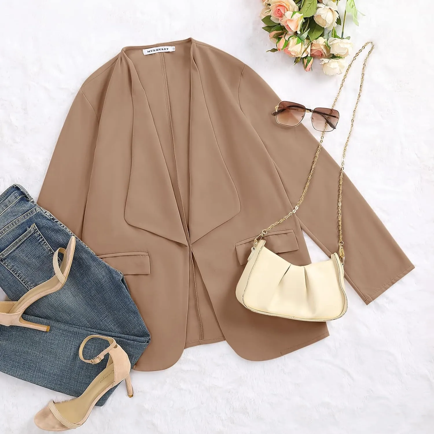 Womens Casual Blazer Jackets Roll Up Long Sleeve Open Front Work Office Business Blazers with Pockets