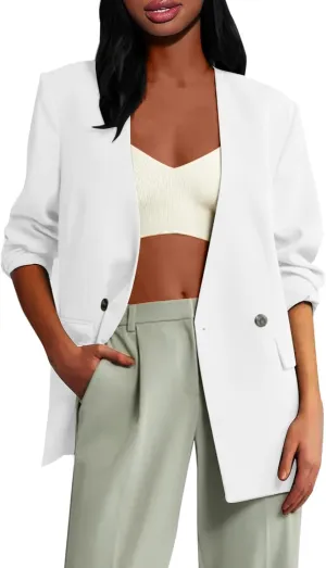 Womens Casual Blazers Dressy Button Lapel Long Sleeve Work Business Jackets Lightweight Collarless Open Front Blazer