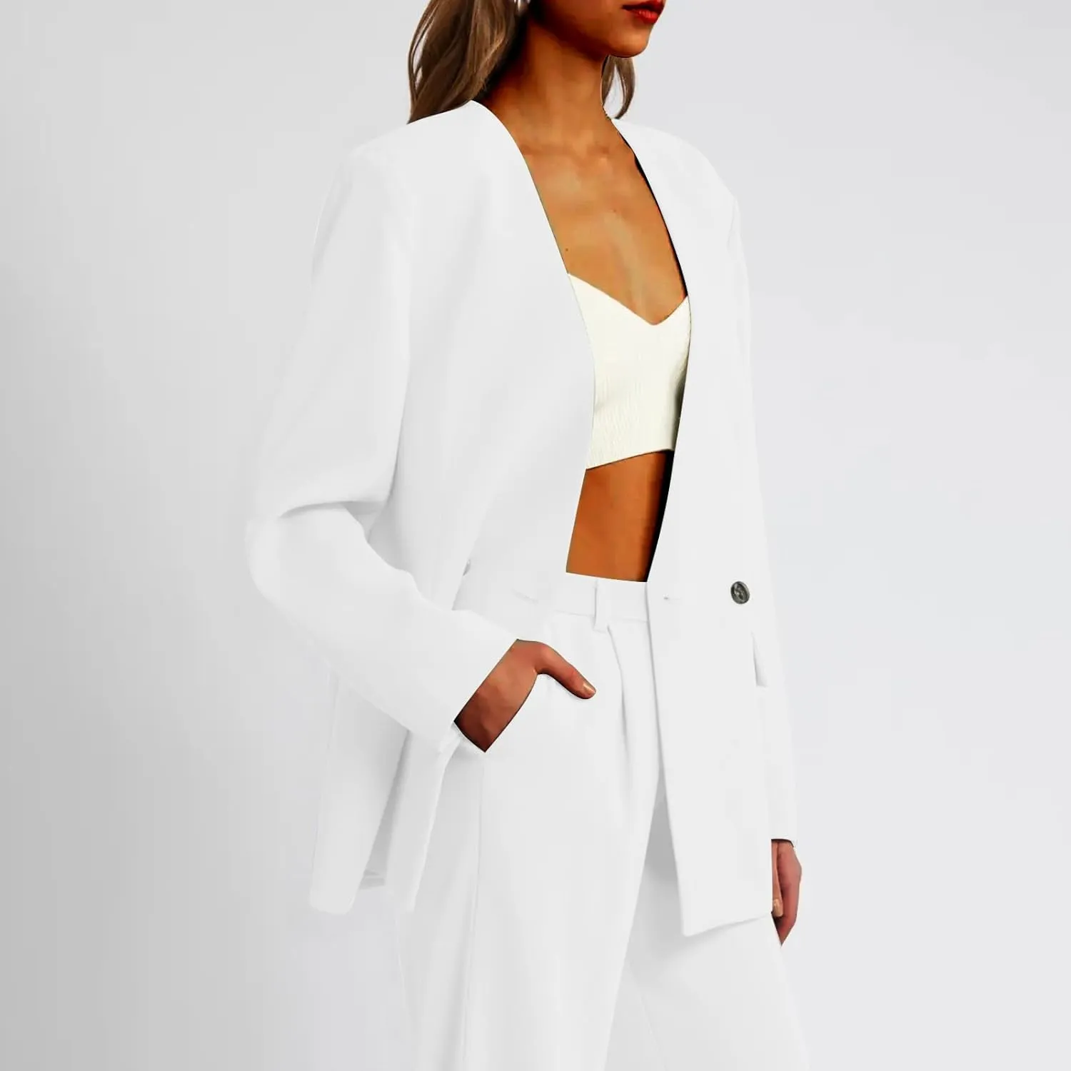 Womens Casual Blazers Dressy Button Lapel Long Sleeve Work Business Jackets Lightweight Collarless Open Front Blazer