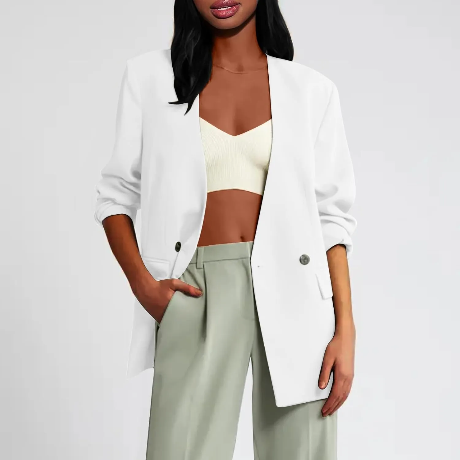 Womens Casual Blazers Dressy Button Lapel Long Sleeve Work Business Jackets Lightweight Collarless Open Front Blazer