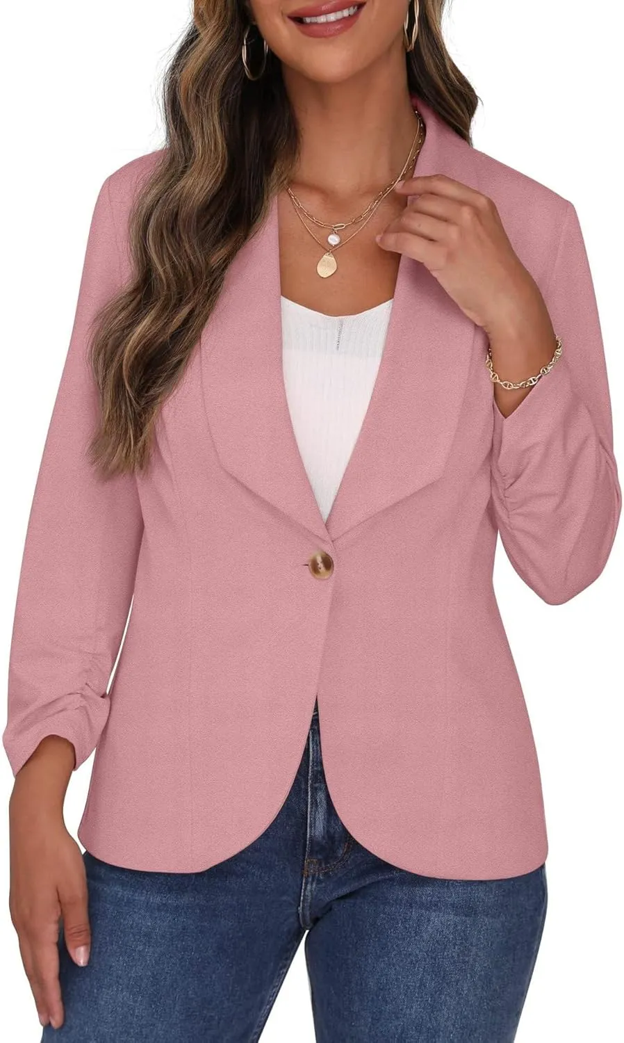 Womens Casual Blazers Loose Fit Lapel One Button Long Sleeve Suit Jackets Business Solid Color Office Work Jackets