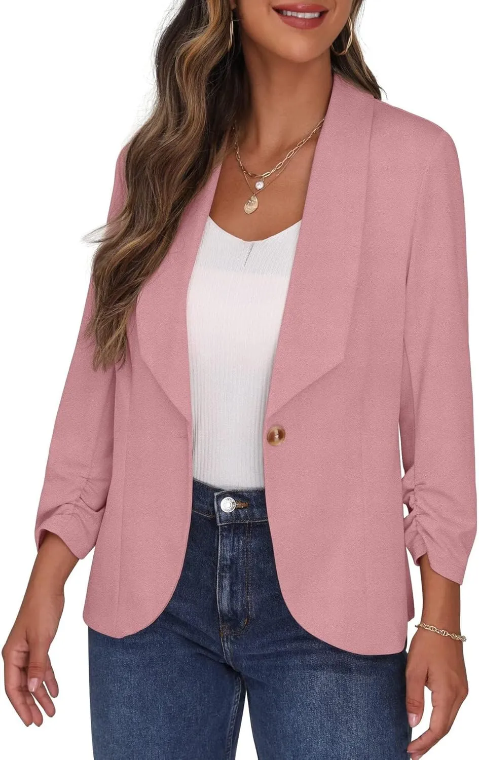 Womens Casual Blazers Loose Fit Lapel One Button Long Sleeve Suit Jackets Business Solid Color Office Work Jackets