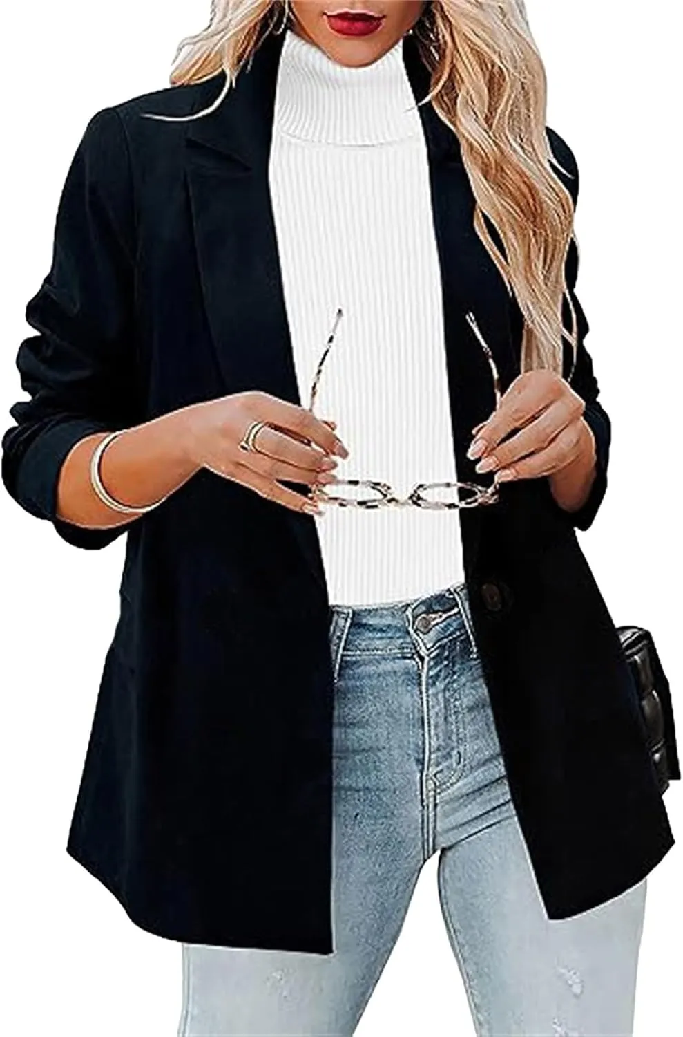 Womens Casual Blazers One Button Long Sleeve Business Suit Classic Solid Color Lapel Open Front Office Jacket 2025