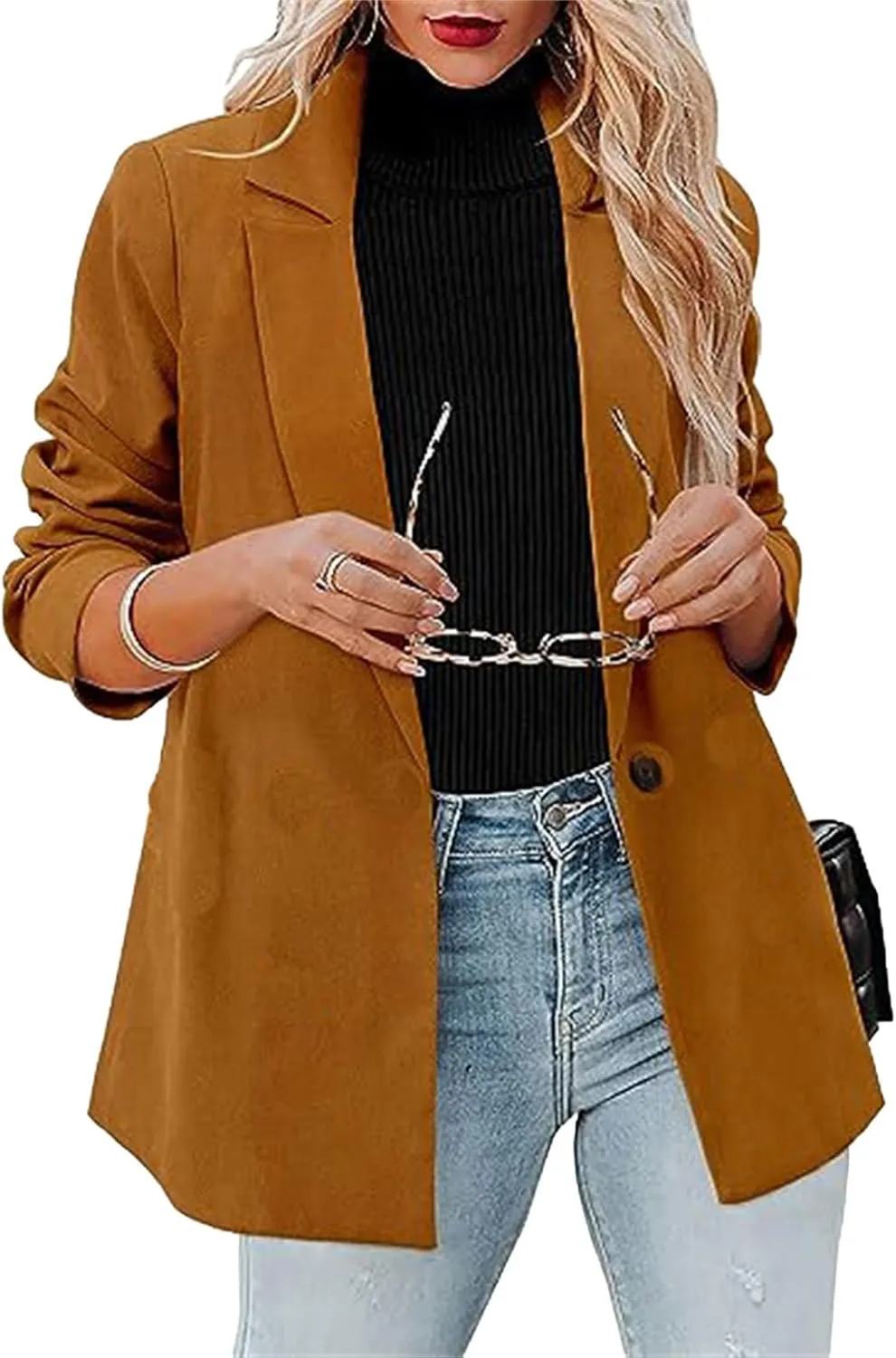 Womens Casual Blazers One Button Long Sleeve Business Suit Classic Solid Color Lapel Open Front Office Jacket 2025