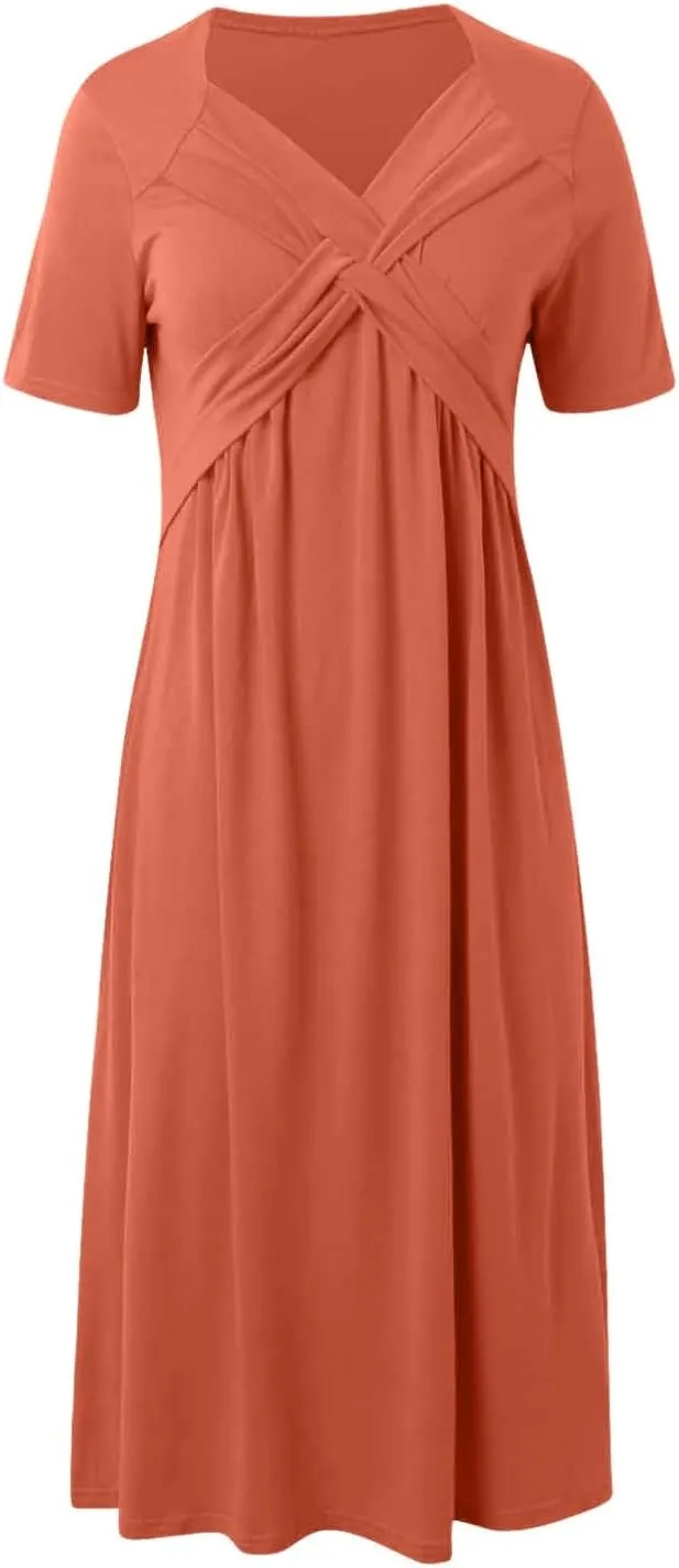 Women's Casual Boho Dresses 2025 Summer Short Sleeve Flowy Tiered Beach Causal Midi Dress with Pockets