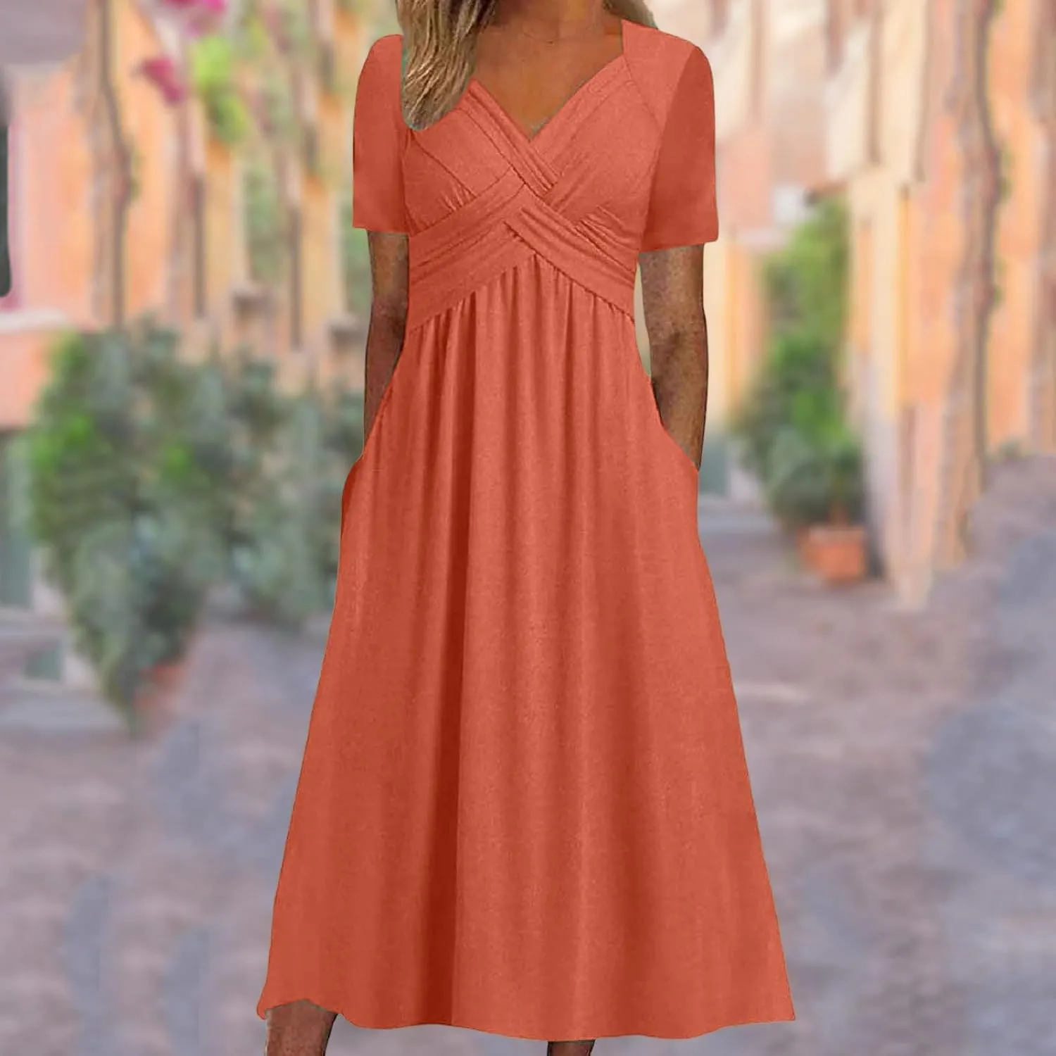 Women's Casual Boho Dresses 2025 Summer Short Sleeve Flowy Tiered Beach Causal Midi Dress with Pockets