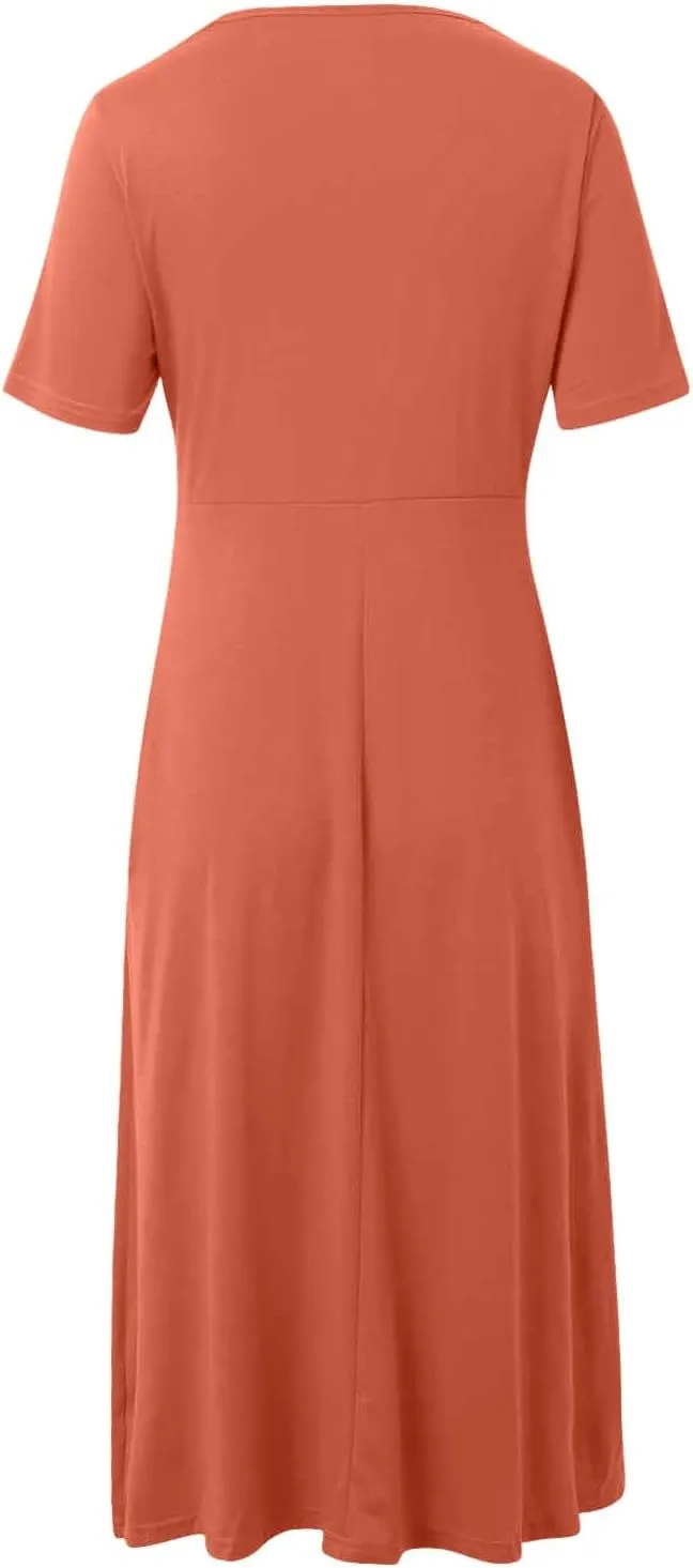 Women's Casual Boho Dresses 2025 Summer Short Sleeve Flowy Tiered Beach Causal Midi Dress with Pockets