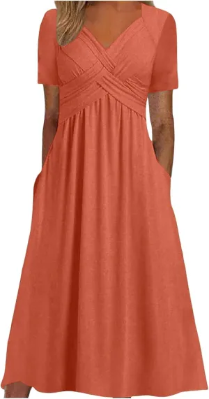 Women's Casual Boho Dresses 2025 Summer Short Sleeve Flowy Tiered Beach Causal Midi Dress with Pockets