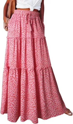 Womens Casual High Waist Long Skirt Trendy Tiered Pleated Maxi Skirts Summer Boho Flowy A Line Ruffle Skirt