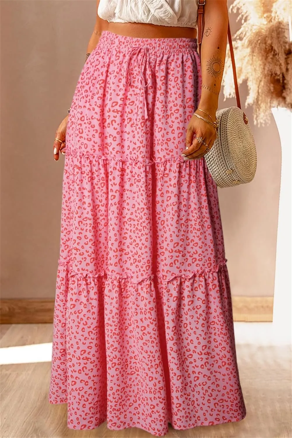Womens Casual High Waist Long Skirt Trendy Tiered Pleated Maxi Skirts Summer Boho Flowy A Line Ruffle Skirt