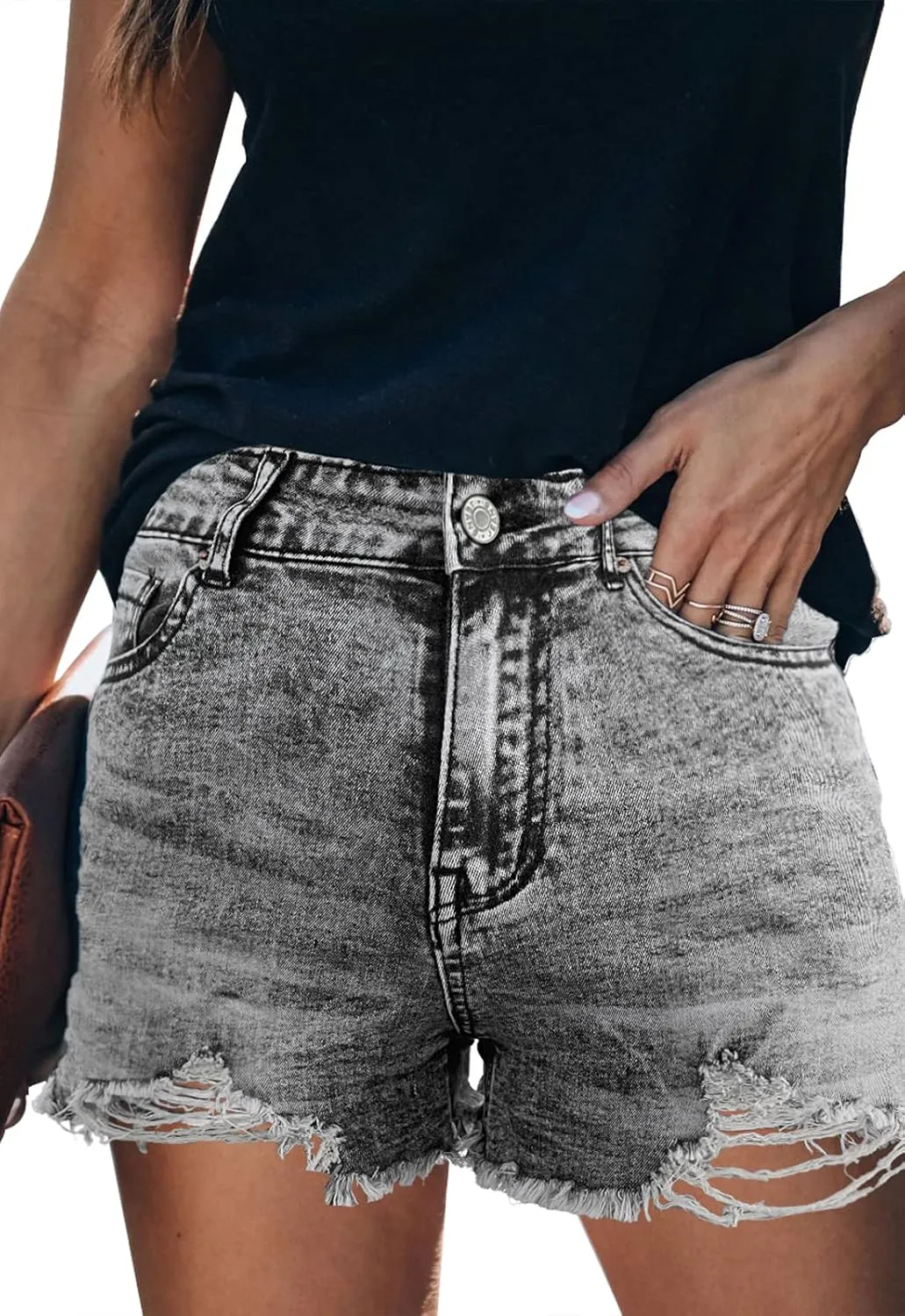 Women's Casual High Waisted Denim Shorts Frayed Raw Hem Stretch Ripped Jean Shorts
