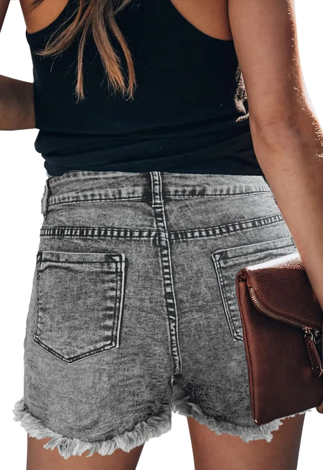 Women's Casual High Waisted Denim Shorts Frayed Raw Hem Stretch Ripped Jean Shorts
