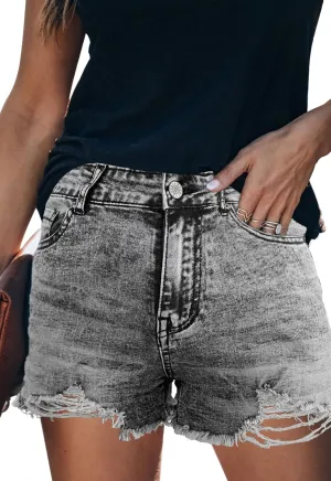 Women's Casual High Waisted Denim Shorts Frayed Raw Hem Stretch Ripped Jean Shorts