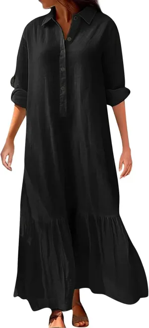 Women's Casual Long Sleeve Button Down Loose Cotton Linen Maxi Shirt Dress Plus Size Summer Shift Shirt Dresses