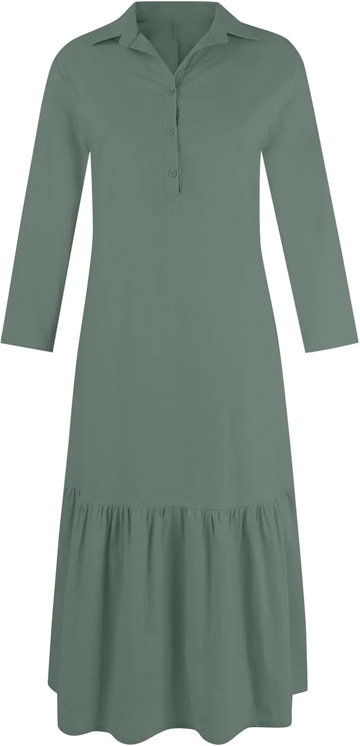 Women's Casual Long Sleeve Button Down Loose Cotton Linen Maxi Shirt Dress Plus Size Summer Shift Shirt Dresses