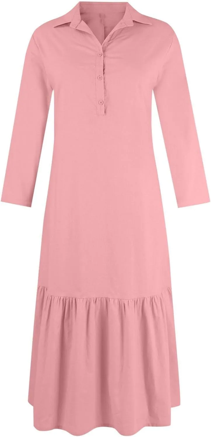 Women's Casual Long Sleeve Button Down Loose Cotton Linen Maxi Shirt Dress Plus Size Summer Shift Shirt Dresses