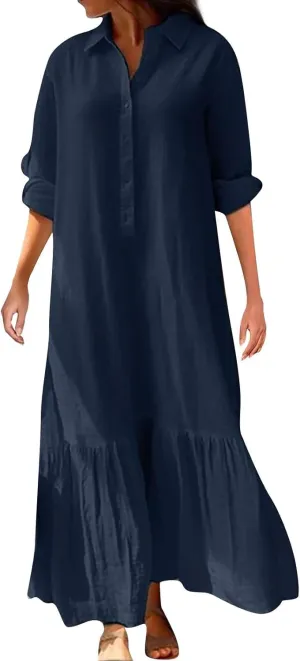 Women's Casual Long Sleeve Button Down Loose Cotton Linen Maxi Shirt Dress Plus Size Summer Shift Shirt Dresses
