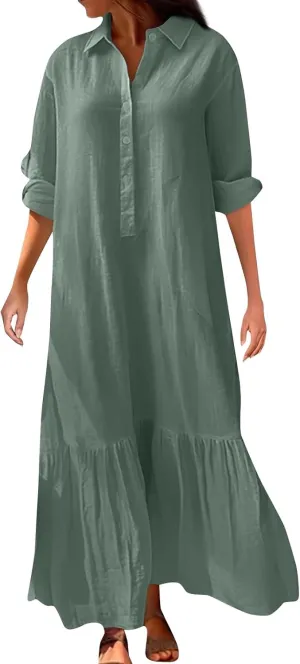 Women's Casual Long Sleeve Button Down Loose Cotton Linen Maxi Shirt Dress Plus Size Summer Shift Shirt Dresses