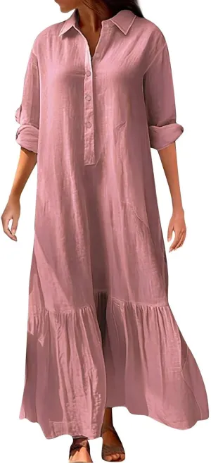 Women's Casual Long Sleeve Button Down Loose Cotton Linen Maxi Shirt Dress Plus Size Summer Shift Shirt Dresses