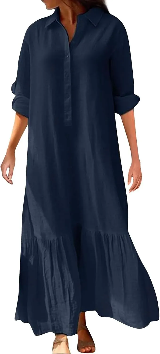 Women's Casual Long Sleeve Button Down Loose Cotton Linen Maxi Shirt Dress Plus Size Summer Shift Shirt Dresses