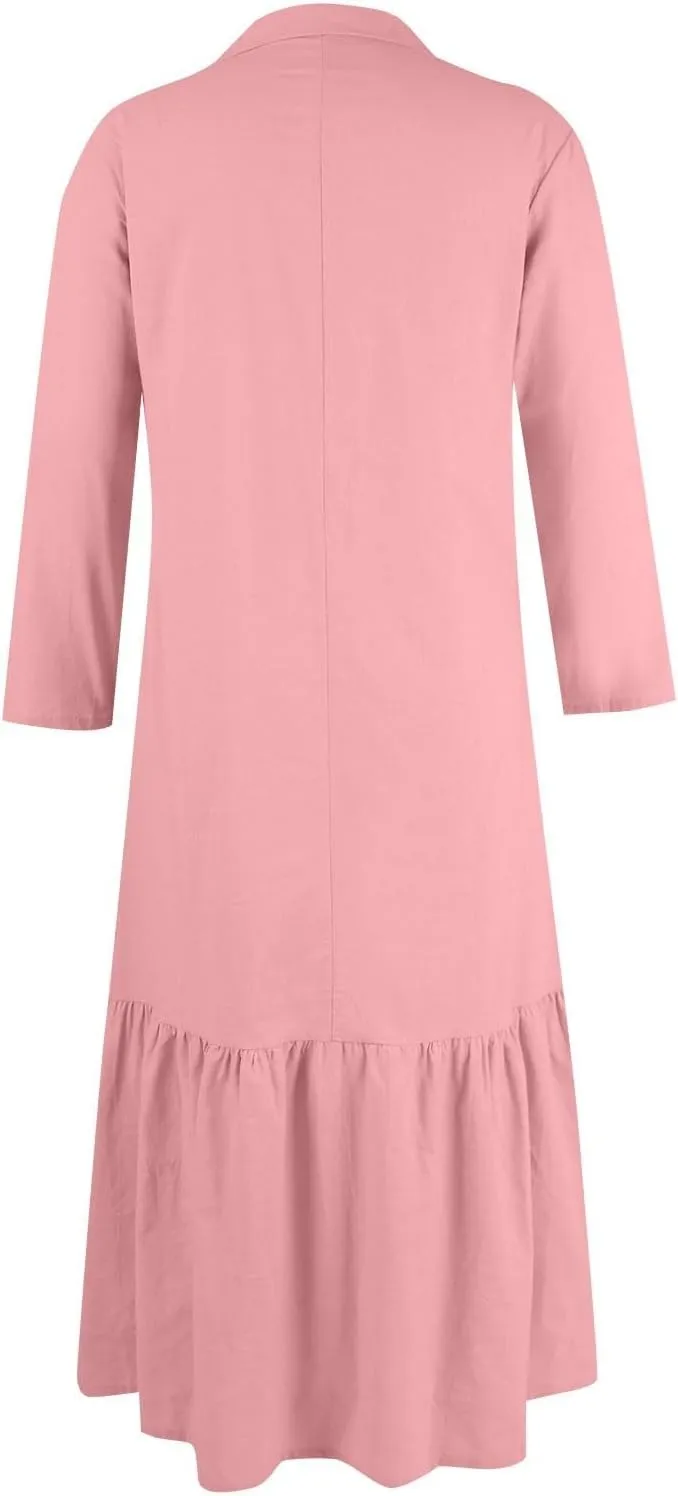 Women's Casual Long Sleeve Button Down Loose Cotton Linen Maxi Shirt Dress Plus Size Summer Shift Shirt Dresses