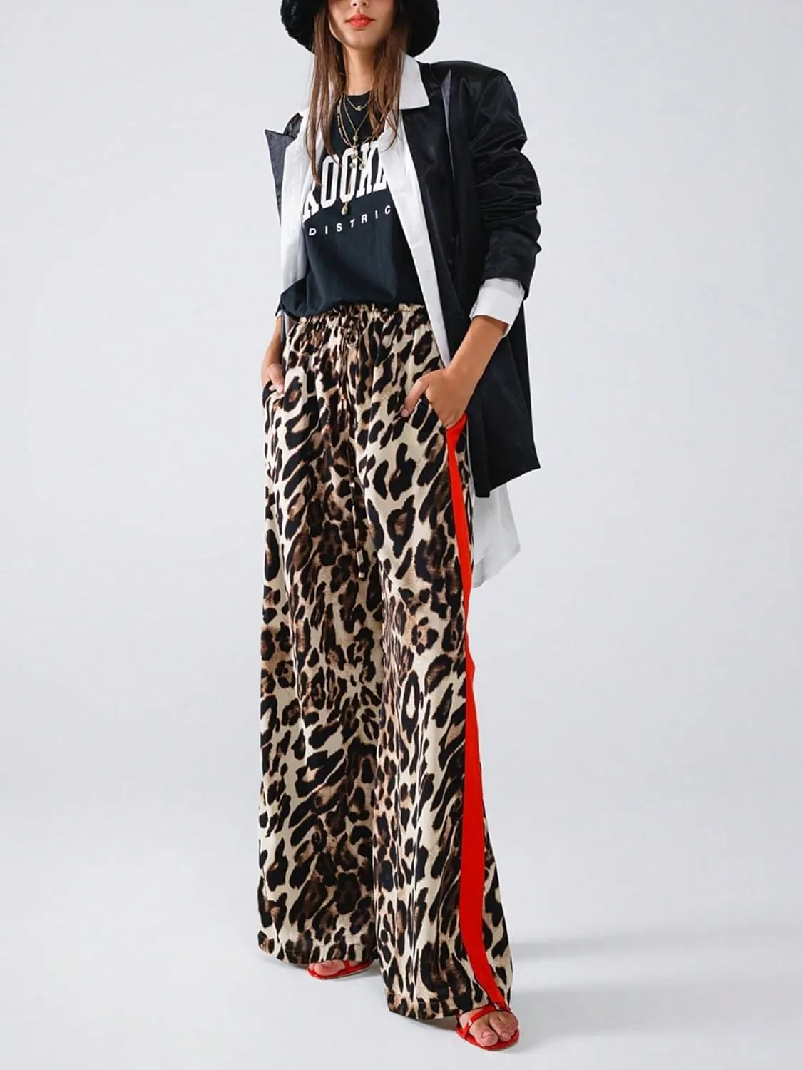 Women's Casual Pants Drawstring Leopard Print Color Block Side Striped Straight Leg Wide Leg Loose Pants