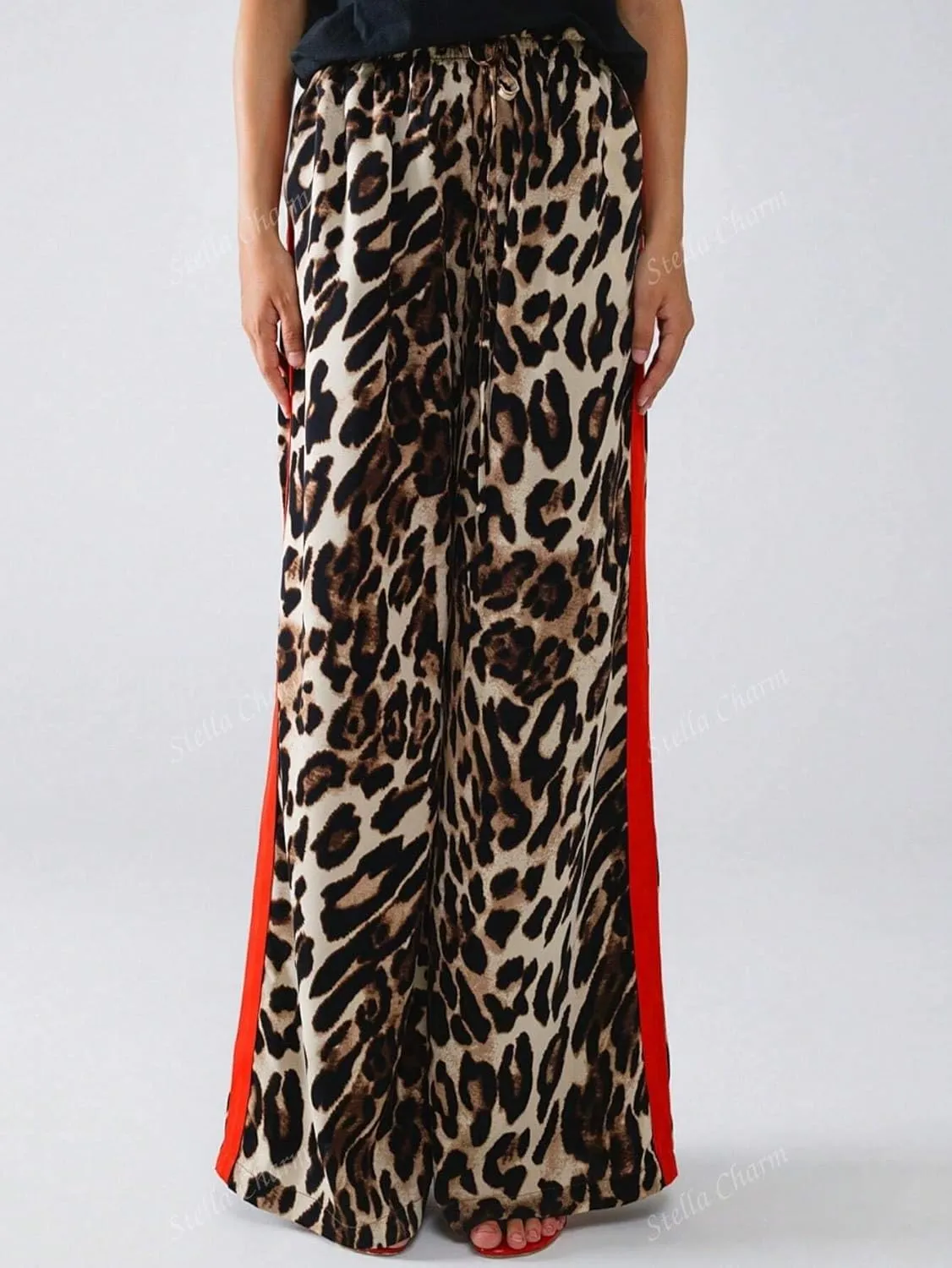 Women's Casual Pants Drawstring Leopard Print Color Block Side Striped Straight Leg Wide Leg Loose Pants