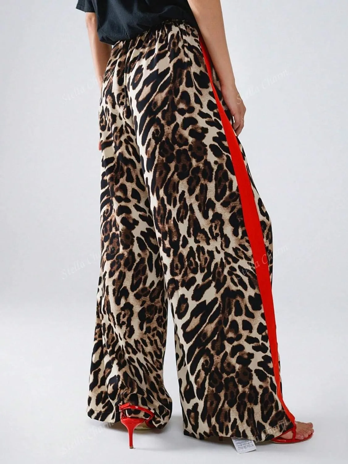 Women's Casual Pants Drawstring Leopard Print Color Block Side Striped Straight Leg Wide Leg Loose Pants