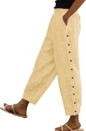 WomenS Casual Striped Cropped Suit Pants Striped Linen Pants for Women Elastic Waist Straight Leg Palazzo Causal Pant Baggy Side Button Beach Trousers with Pockets Striped Linen Pants Women