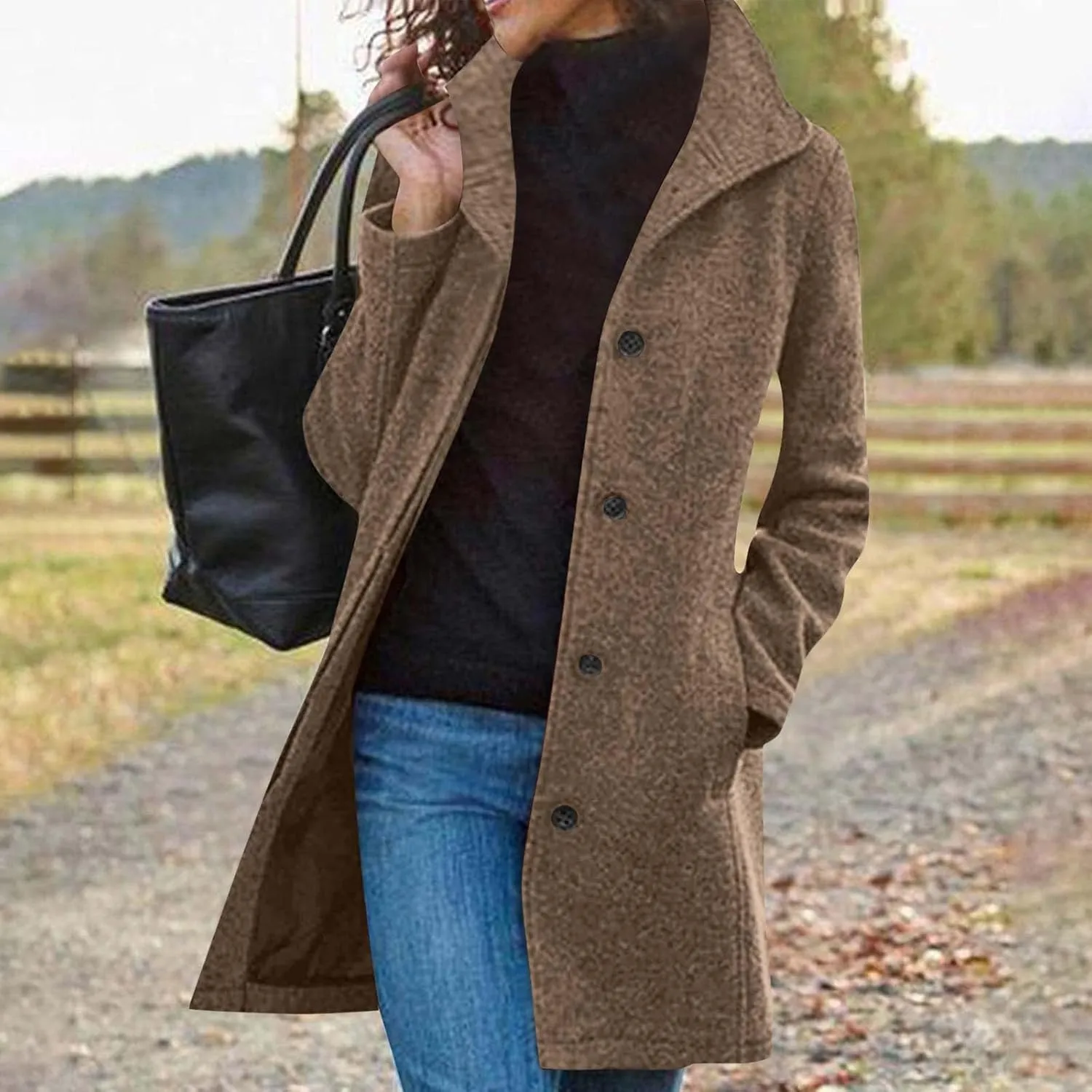Women's Casual Thicken Wool Blend Stand Collar Single Breasted Warm Winter Coat Business Wool Pea Coats for Women