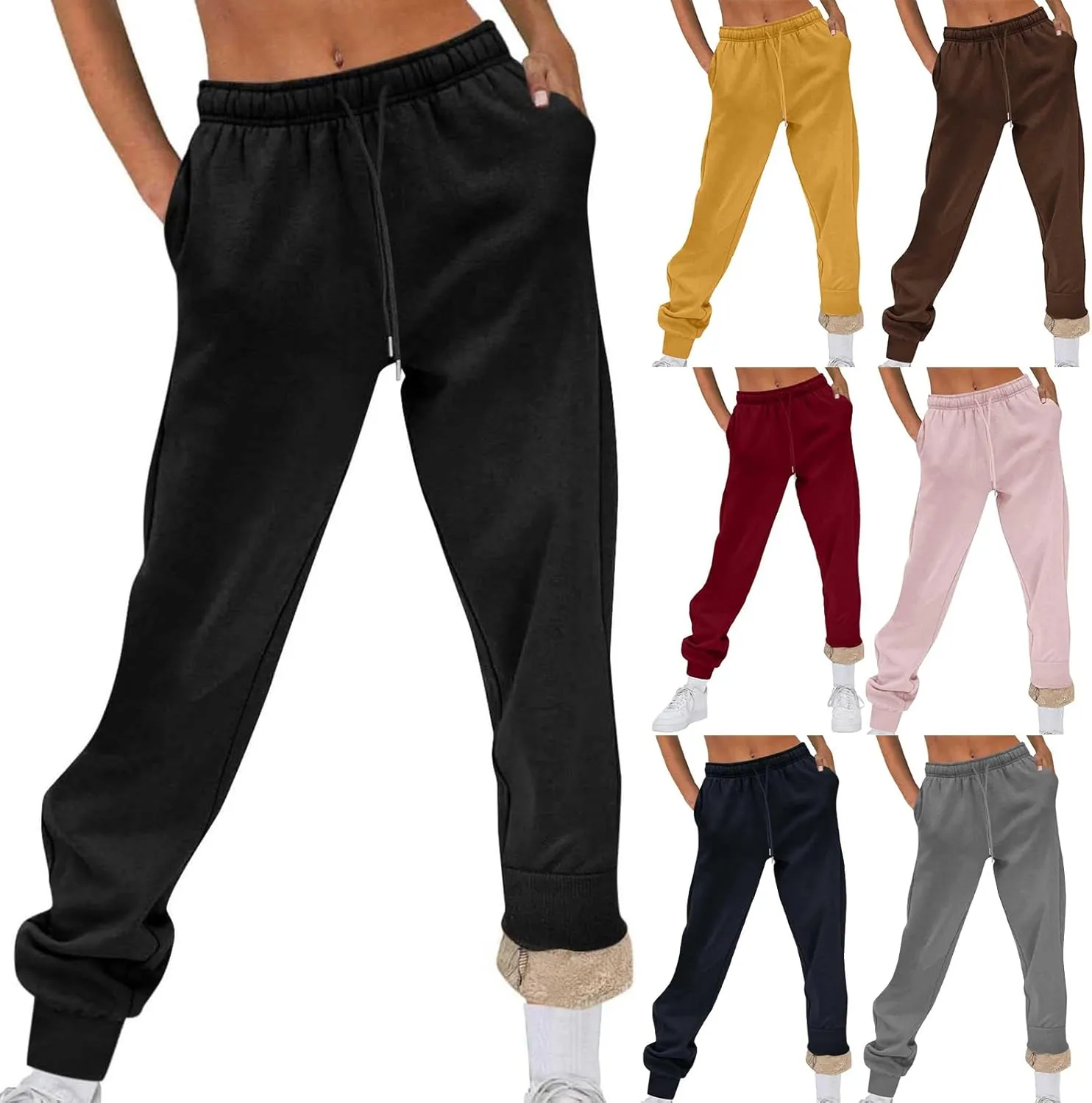 Womens Cinch Bottom Sweatpants Winter Warm Fleece Joggers Pants Sherpa Lined Drawstring Waist Lounge Trousers