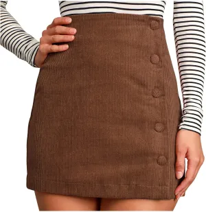 Womens Corduroy High Waist Button Front Skirts A Line Slim Solid Single Breasted Zipper Skirts for Fall Winter Spring
