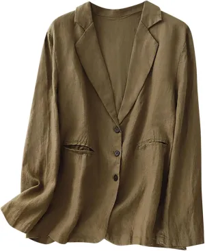 Womens Cotton Linen Blazer Notch Lapel Single Breasted Suit Coat Jackets Boyfriend Loose Casual Comfy Blazer Jacket