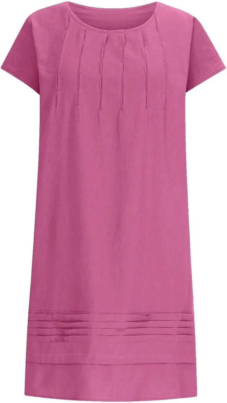 Women's Cotton Linen Midi Dress Plus Size Cap Sleeve Pleated Summer Dresses Vacation 2025 Crew Neck Casual Dress